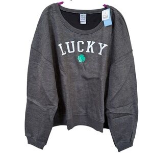 Modern Lux Lucky Shamrock Sweatshirt 3X Charcoal Graphic Crewneck NWT Lounge